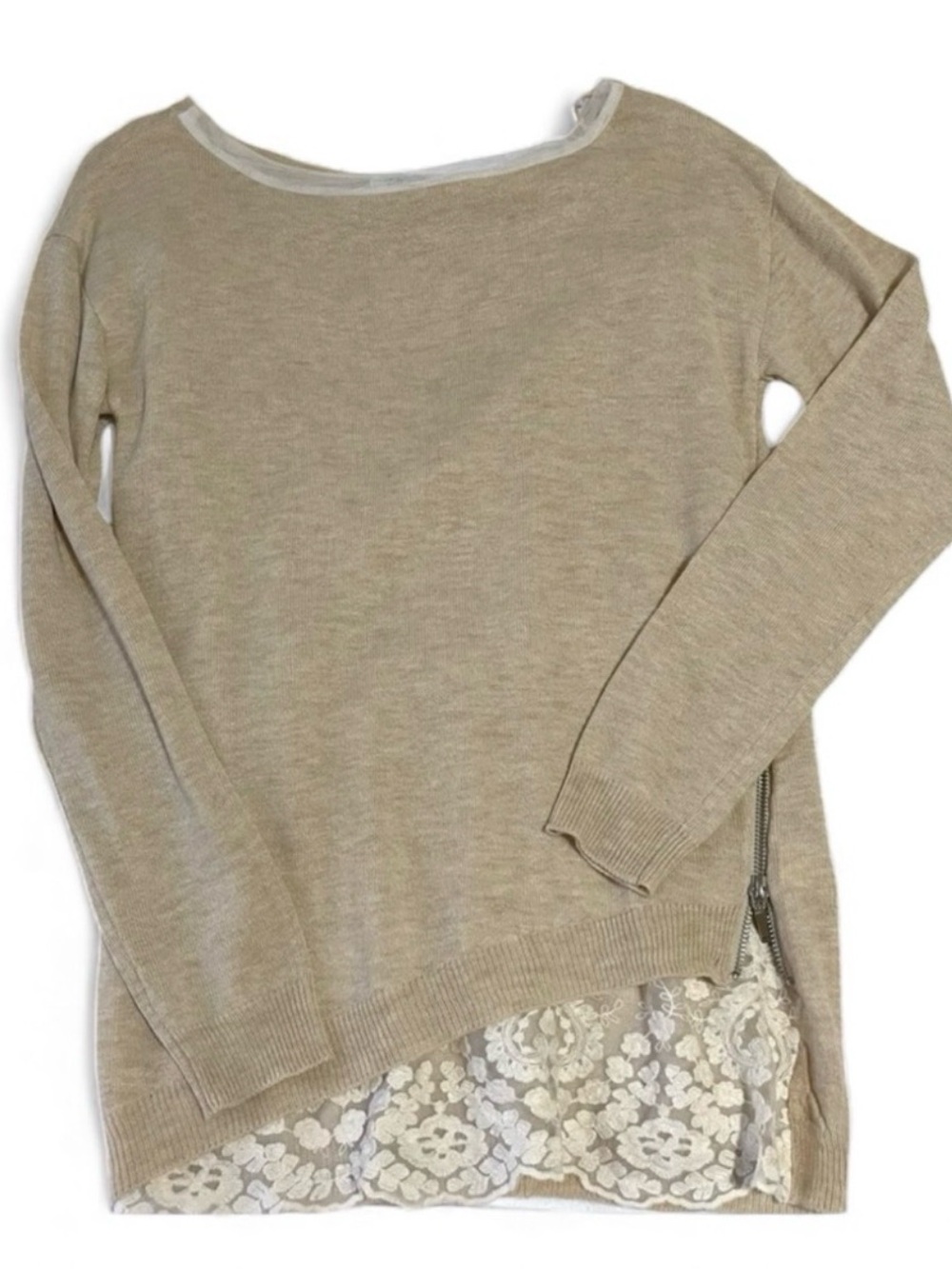 RD Style Lace Layered Hem Side Zip Sweater Beige Small
